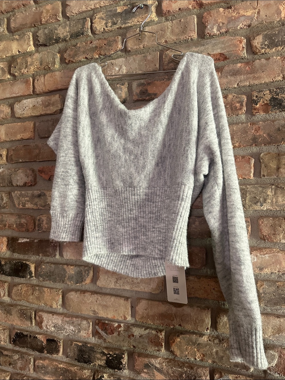 Off-Shoulder Light Gray Knit Sweater